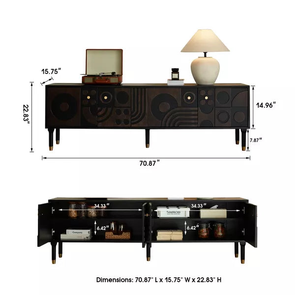 LOVSON 70.8'' Mid-Century TV Stand with 4 Cabinet Storage Multimedia Console, Wood Entertainment Center for 55+ Inch TV, Living Room,Black