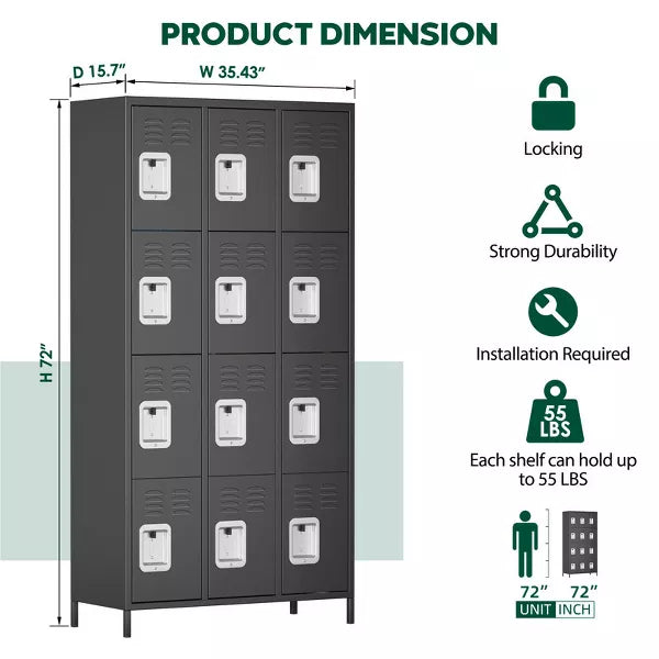 SUXXAN 12 Door Metal Lockers with 12 Hooks for Employees, School, Office, Gym, Home Assembly Required
