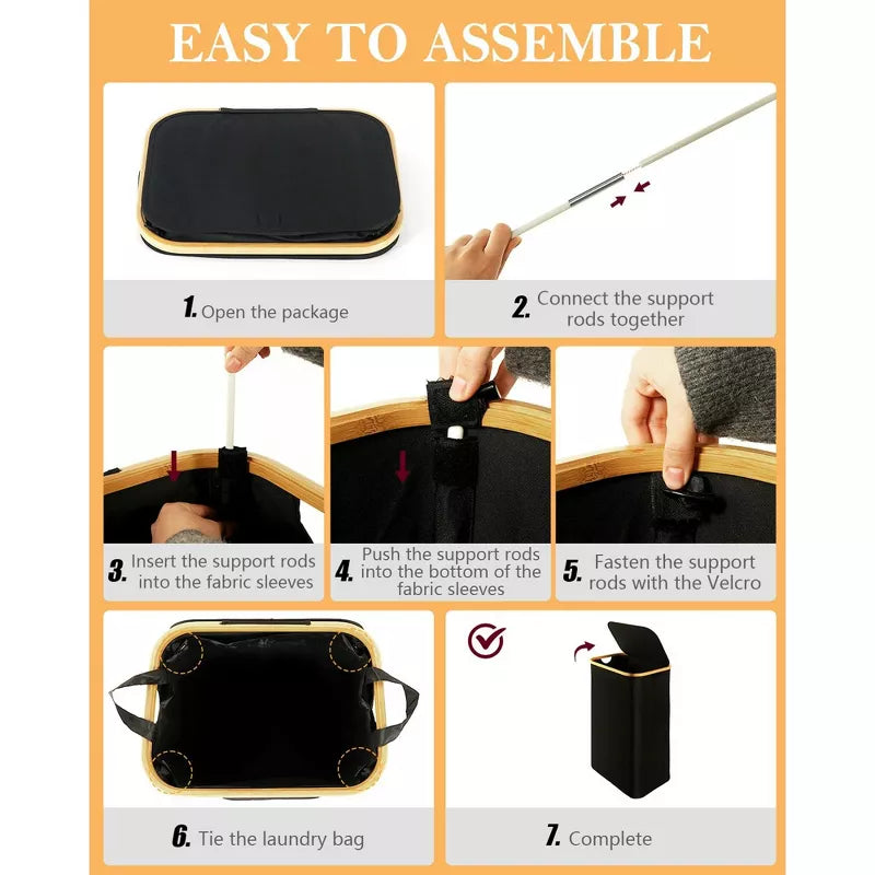 BestParts 105L Waterproof Collapsible Laundry Hamper with Lid & Bamboo Handles, Removable Bag, Black