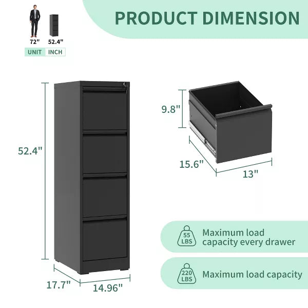 Munora - 4-Drawer Vertical File Cabinet with Lock - Heavy Duty for Letters/Legal/A4 Files - Black