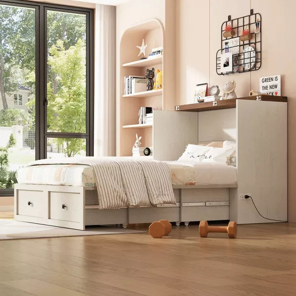 AMERLIFE Farmhouse Murphy Bed with Storage & Charging Station