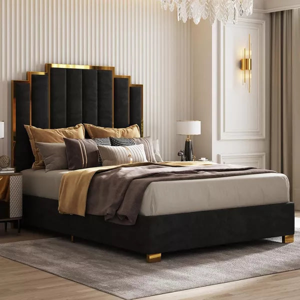 AMERLIFE Upholstered Bed, Modern Velvet Bed Frame with 61.4" Tall Gold Trim Headboard