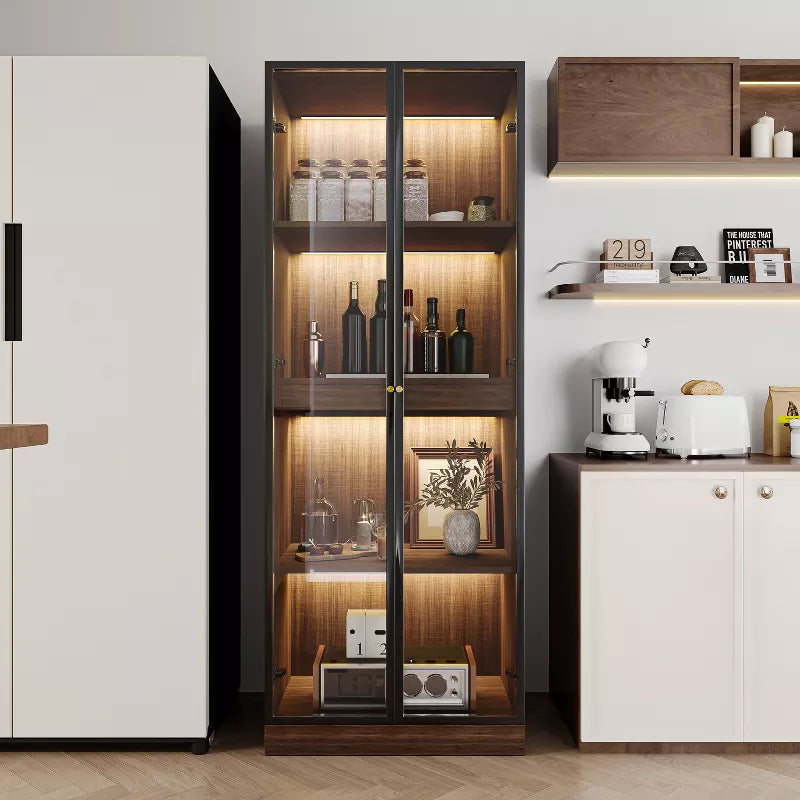 ATJafurn 23.6'' Glass Display China Cabinet With Pull-Out Bar Shelf, Dining Cabinet With Glass Doors