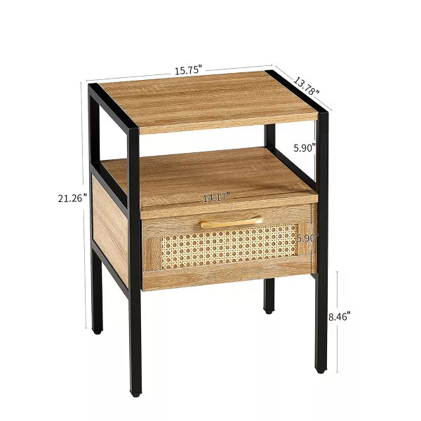 Wooakway 15.75"L 21.26"H 13.78"D Rattan End Table Side Table Nightstand with Adjustable Feet for Living Room Bedroom