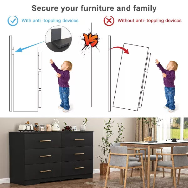 Resenkos 6-Drawer Wide Chest of Drawers, Storage Drawer Organizer, Traditional Bedroom Dresser, Sideboard Buffet for Living Room, Black