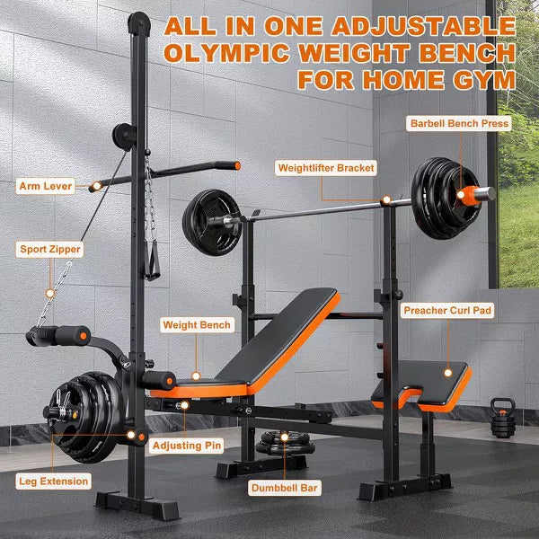 GIKPAL 800lbs 8-in-1 Adjustable Weight Bench Set with Lat Pull Down, Workout Bench Multi-Function Strength Training Bench Press Exercise Equipm