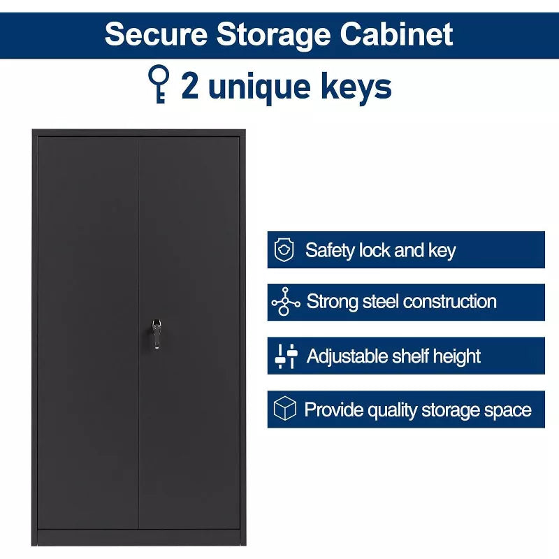 AOBABO 72 in. Tall Black Metal Storage Cabinet with 2-Doors and 4-Shelves, Steel Storage Freestanding Cabinet