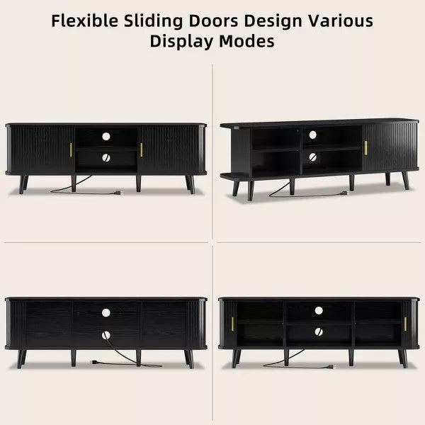 Gikpal 59" TV Stand, Fluted TV Stand for TVs up to 65", Entertainment Center with Storage Compartment and Sliding Doors, Power Outlet, Living room