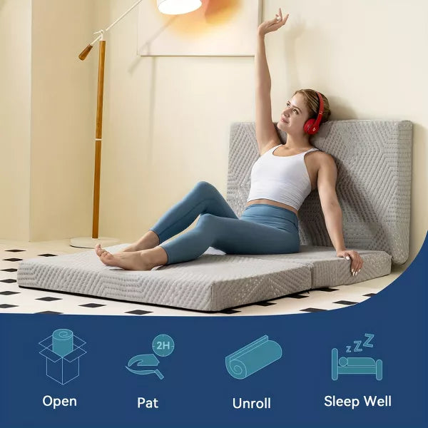 Vipbear three-fold memory foam mattress, 3/4-inch single-fold mattress, foldable and washable bedspread, travel and guest pad, grey