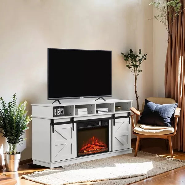 Wooakway 58"L 29.4"H 15.4"D Electric Fireplace TV Stand Console with Barn Door Design Overheating Protection Closed Storage Cabinet for TVs up to 65"