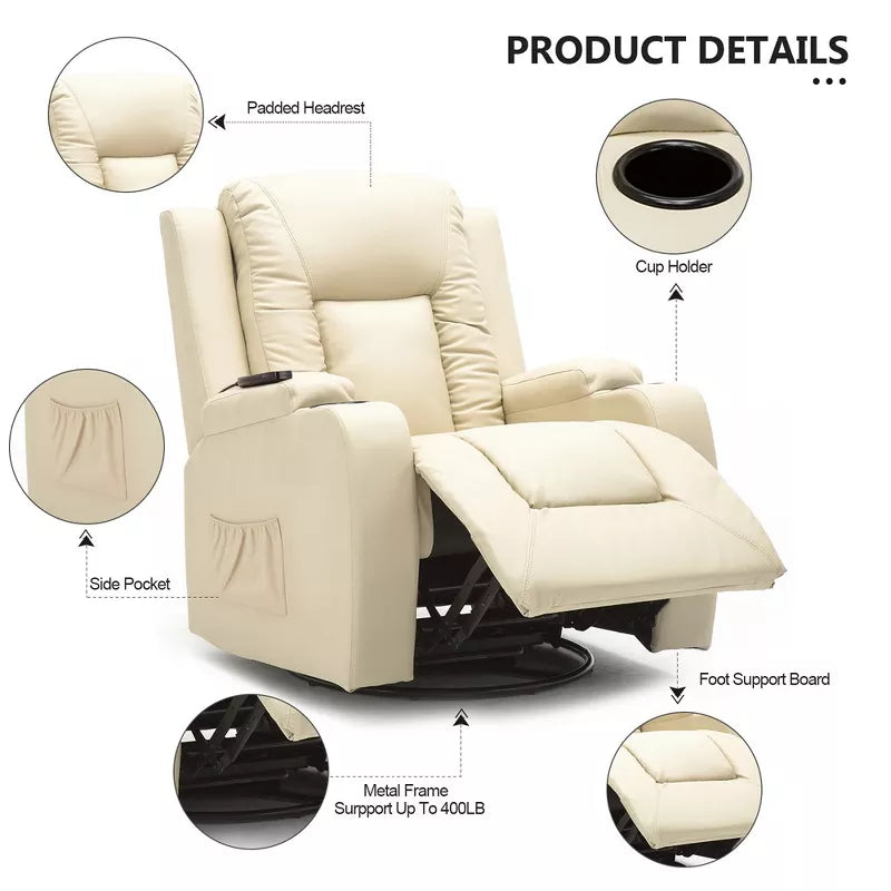 COMHOMA Swivel Rocker Recliner Chair PU Leather Rocking Sofa with Heated Massage