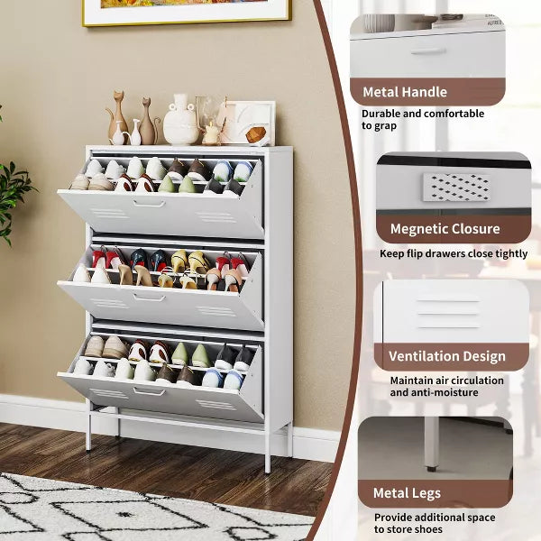 Munora - 3 Flip-Drawer Slim Shoe Cabinet - 6.69"D x 20"W x 40.98"H - Hidden Shoe Organizer for Entryway/Hallway - White