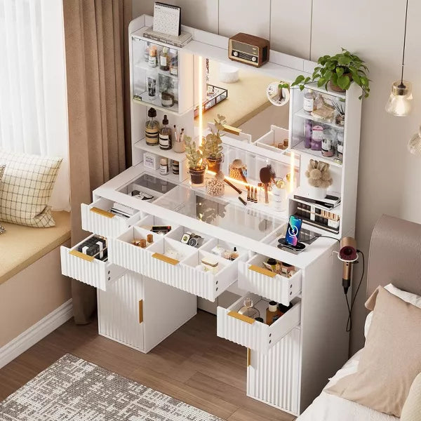 PAKASEPT Vanity Desk with Mirror and 3 Color Lights, Fluted Makeup Vanity Desk with Glass Top, with RGB Cabinet, 2 Shelves & 5 Drawers & Power Outlet