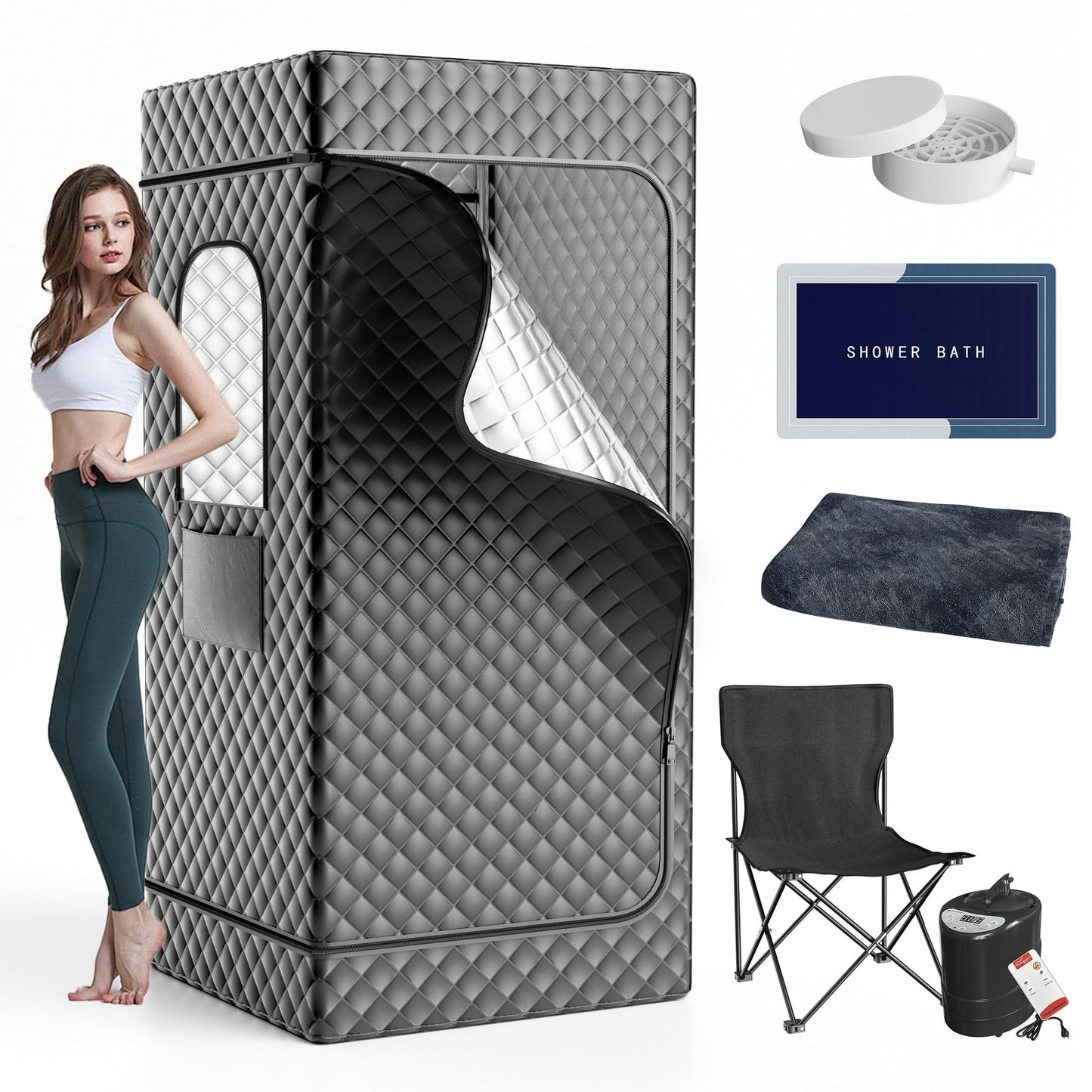POTEBAN Portable Steam Sauna Box, Personal Full Body Home Sauna Tent for Body Relaxation Spa,with 3L/1200W Steamer, Remote Control, Foldable Chair