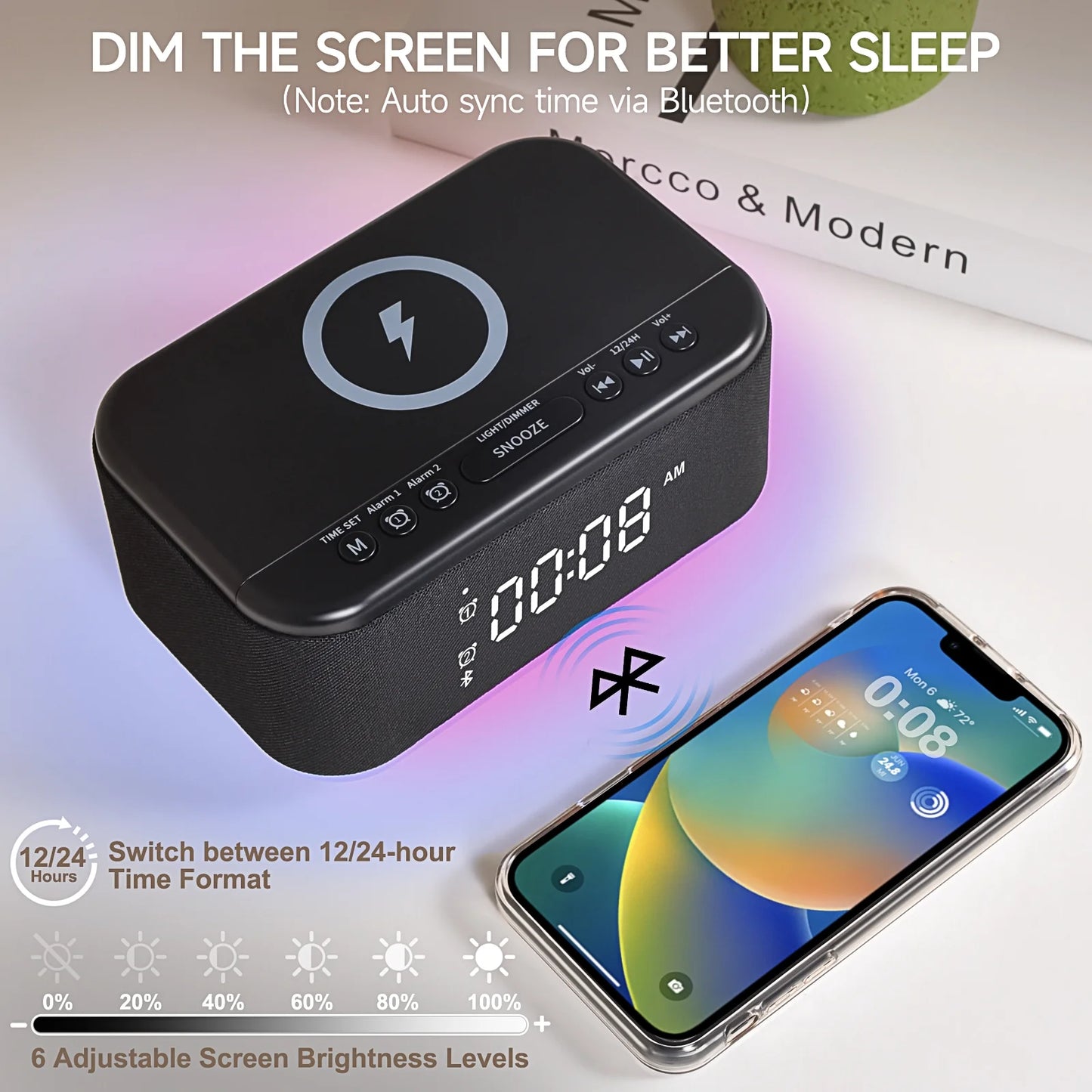 Fansbe Tech Vibrating Alarm Clock Wireless Charger, Digital Alarm Clocks Bluetooth USB Port (Black)