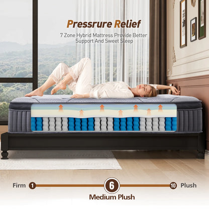 Queen Mattress, 14Inch Cooling Gel Memory Hybrid Medium Plush Mattress, Queen Size Individual Pocket Spring Mattress in Box, CertiPUR-US,10 Years Support