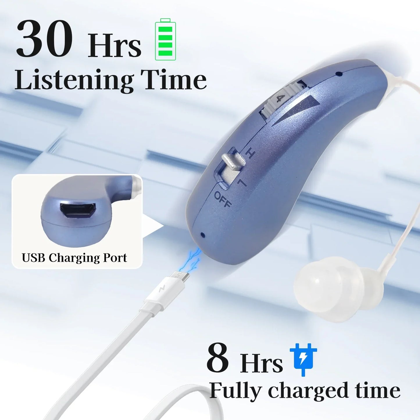 Delmicure Hearing Aid VHP-1206 for Senior - Single Behind-the-Ear Hearing Amplifier for Adults with Rechargeable Battery: Noise Cancellation, Lightweight Design with Digital Circuitry, Blue