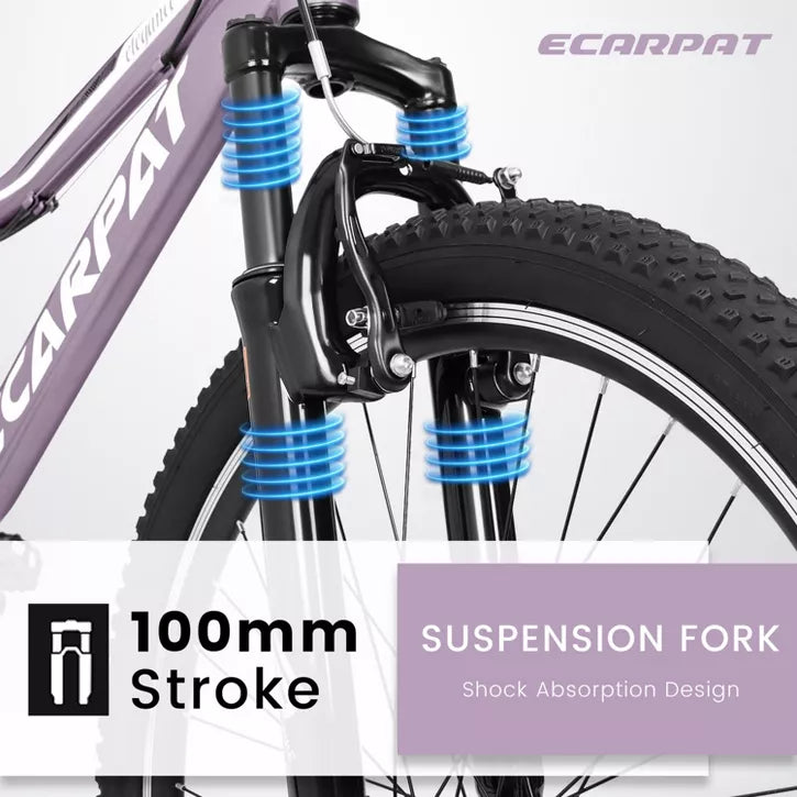 BestParts Youth Mountain Bike 24 Inch, Teen Trail Bike with Shock Absorbing Fork, 21-Speed, Dual Disc Brakes, School Commuting Ride, Purple