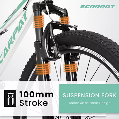 BestParts 24 Inch Mountain Bike for Teens Boys Girls, 21 Speed MTB Bicycle with V Brakes & Front Suspension Fork, for School Commute, White