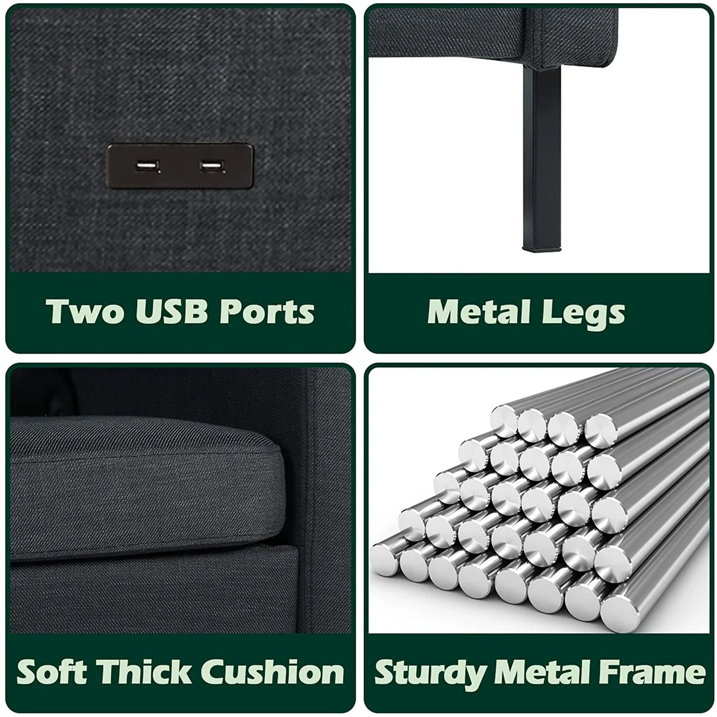 Fabric Loveseat Sofa with 2 USB, 56" W Small Couches for Living Room, Bedroom, Office, Easy Assembly & Comfy Cushion, Dark Grey