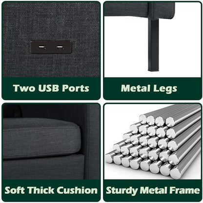 Fabric Loveseat Sofa with 2 USB, 56" W Small Couches for Living Room, Bedroom, Office, Easy Assembly & Comfy Cushion, Dark Grey