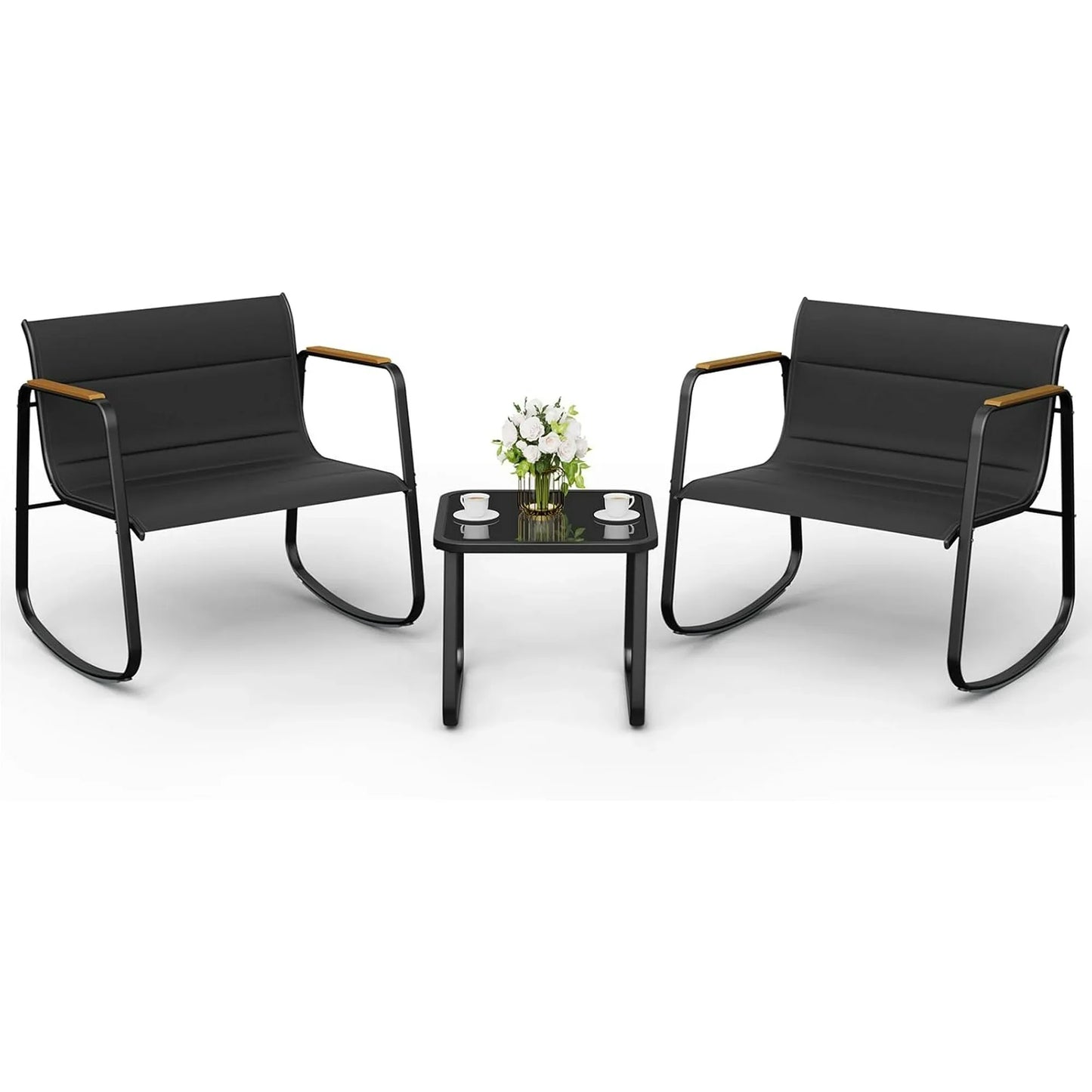 Poteban Outdoor Table and Chair Set 3 Piece, Patio Rocking Chair, Breathable Textilene Fabric Patio Furniture Set for Porch, Poolside, Deck, Outdoor Terrace, Balcony, Garden,Black