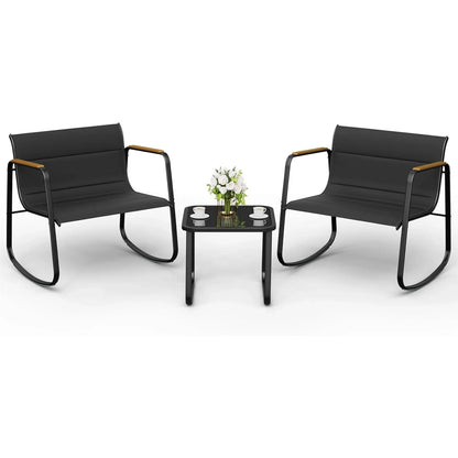 Poteban Outdoor Table and Chair Set 3 Piece, Patio Rocking Chair, Breathable Textilene Fabric Patio Furniture Set for Porch, Poolside, Deck, Outdoor Terrace, Balcony, Garden,Black