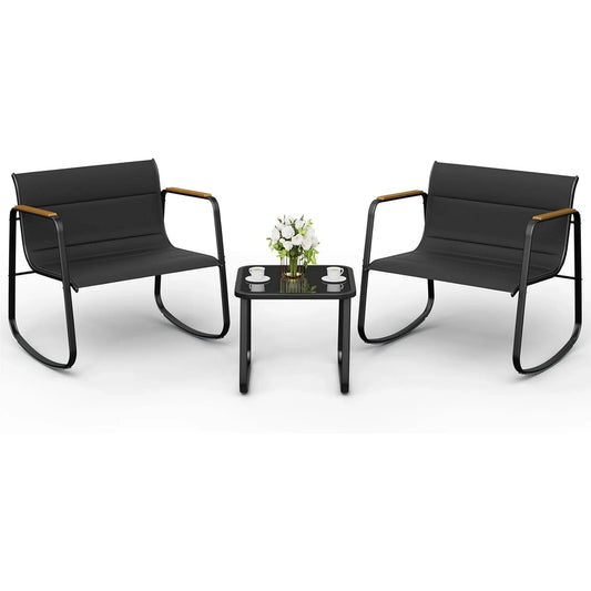 Poteban Outdoor Table and Chair Set 3 Piece, Patio Rocking Chair, Breathable Textilene Fabric Patio Furniture Set for Porch, Poolside, Deck, Outdoor Terrace, Balcony, Garden,Black