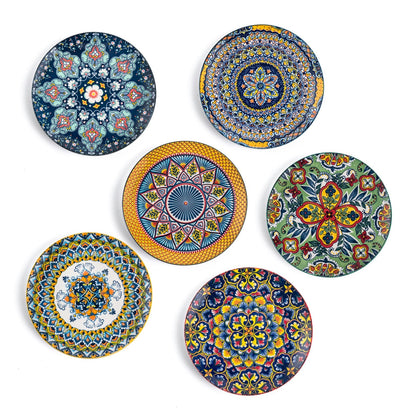 UNICASA Ceramic Dinner Plates Set of 6 - Multicolor Porcelain 8.7 Inch Flat Steak Pasta Pizza Bohemian Plate Home Party Restaurant Plate Scratch Resistant Microwave Oven and Dishwasher Safe