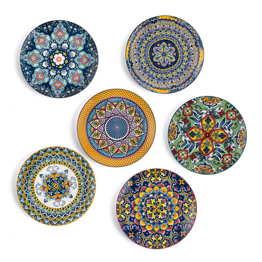 UNICASA Ceramic Dinner Plates Set of 6 - Multicolor Porcelain 8.7 Inch Flat Steak Pasta Pizza Bohemian Plate Home Party Restaurant Plate Scratch Resistant Microwave Oven and Dishwasher Safe