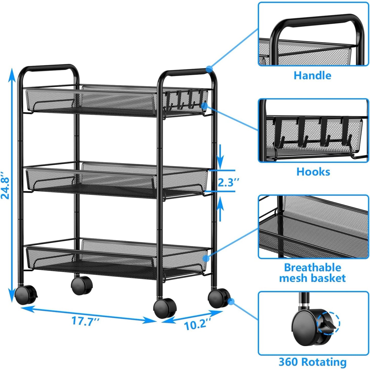 Baokaler 3 Tier Rolling Cart on Wheels, Multifunctional Storage Mesh Cart with 4 Side Hooks, Utility Cart for Home Bathroom Kitchen Office Living Room, Black
