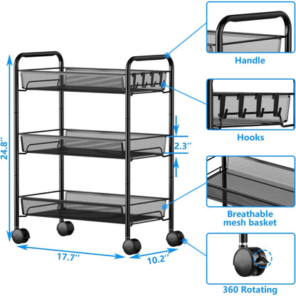 Baokaler 3 Tier Rolling Cart on Wheels, Multifunctional Storage Mesh Cart with 4 Side Hooks, Utility Cart for Home Bathroom Kitchen Office Living Room, Black