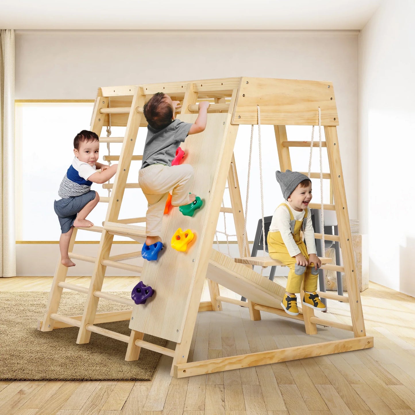 Indoor Baby Climbing Toys, Playground Jungle Gym Montessori Waldorf Style Wooden Toddlers Climber Playset for Children Kids 2-7 with Slide, Climbing Wall, Rope Wall Net, Swing, Ladder