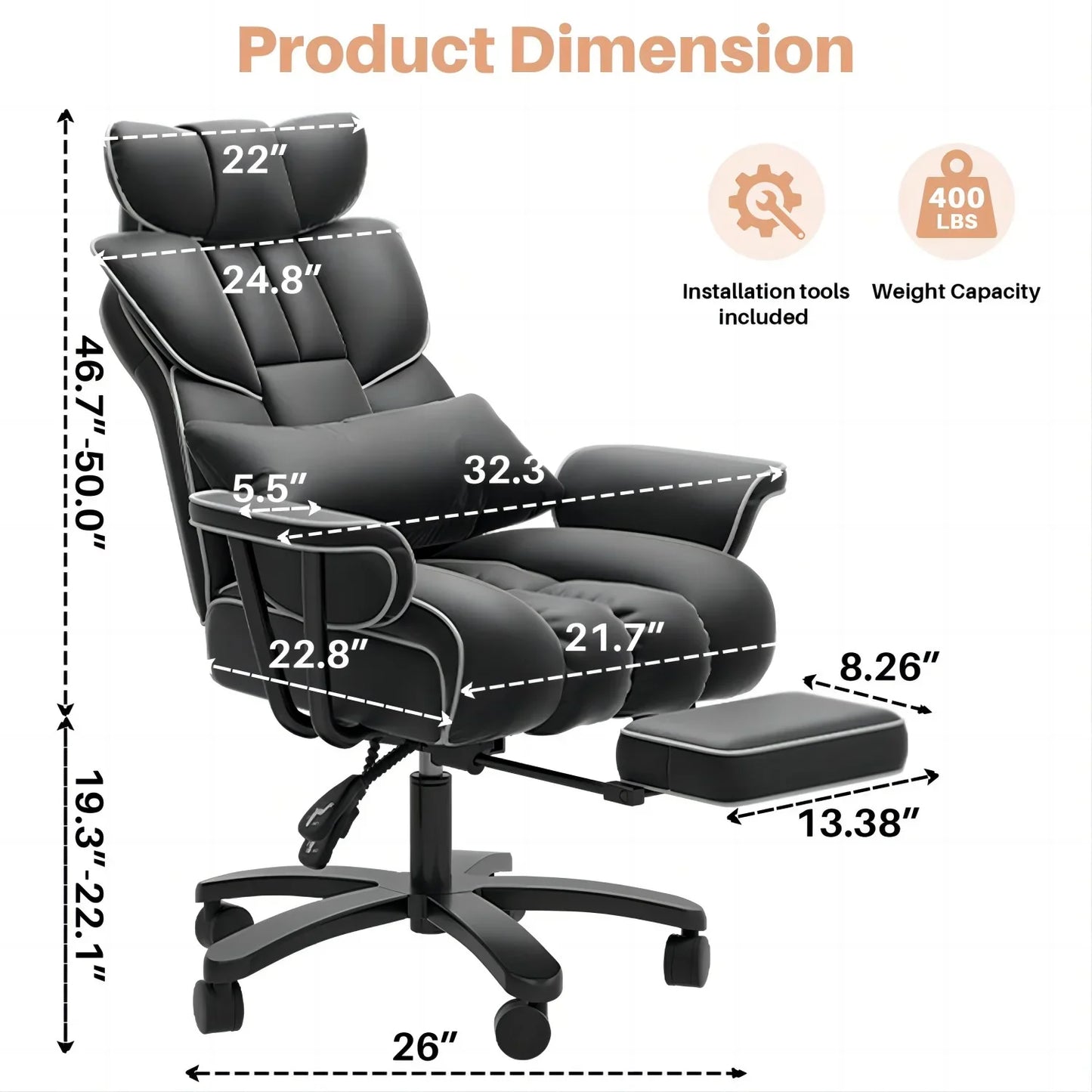 HomeZeer Reclining Office Chair 400lbs with Footrest, Executive Big and Tall Office Chair with Lumbar Support and Wide Seat, Heavy Duty Leather High Back Desk Chair, Black