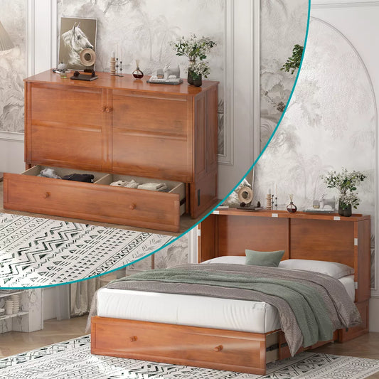 Mjkone Murphy Cube Cabinet Bed, Queen Murphy Bed with Trifold Foam Mattress, Built-in USB Charging Station& Roomy Storage Drawers