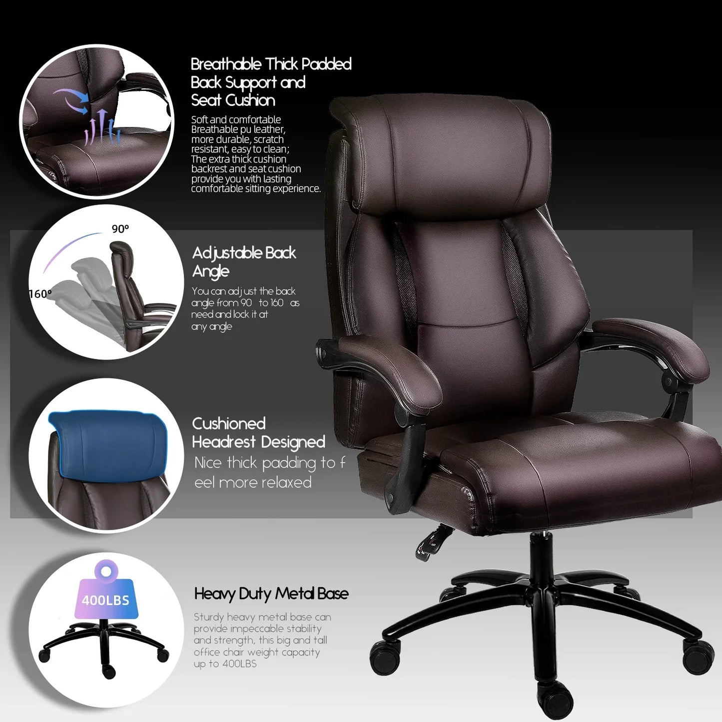 HomeZeer Big and Tall Office Chair, Pu Leather Executive Chair High Back Office Desk Chairs 400lbs for Heavy People, Adult Brown