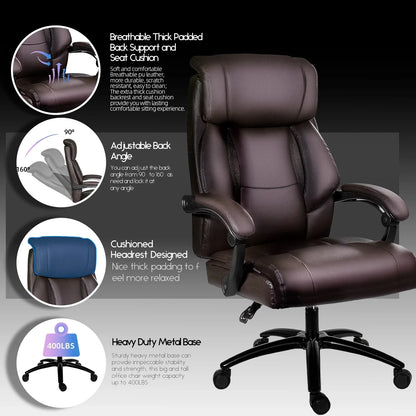 HomeZeer Big and Tall Office Chair, Pu Leather Executive Chair High Back Office Desk Chairs 400lbs for Heavy People, Adult Brown