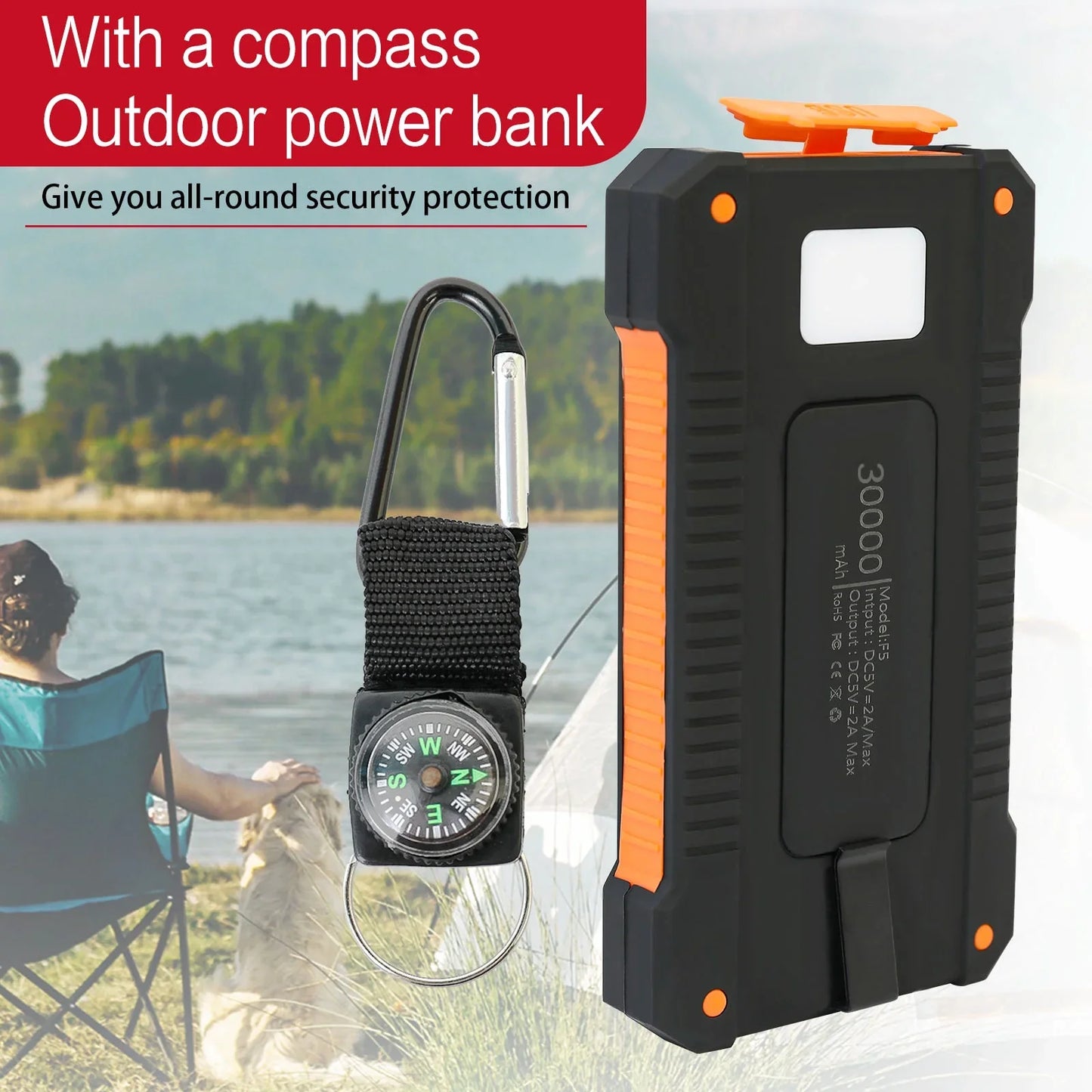 Baokaler 30000mAh Solar Charger for Cell Phone iPhone, Portable Solar Power Bank, 2 LED Light Flashlight