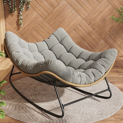 Poteban Outdoor Rocking Chair, Indoor Papasan Chair, Oversized Egg Rocking Chair with Thick Cushion, Rattan Wicker Rocker Lounge Chair for Bedroom, Living Room, Patio, Garden, Porch (Light Grey)