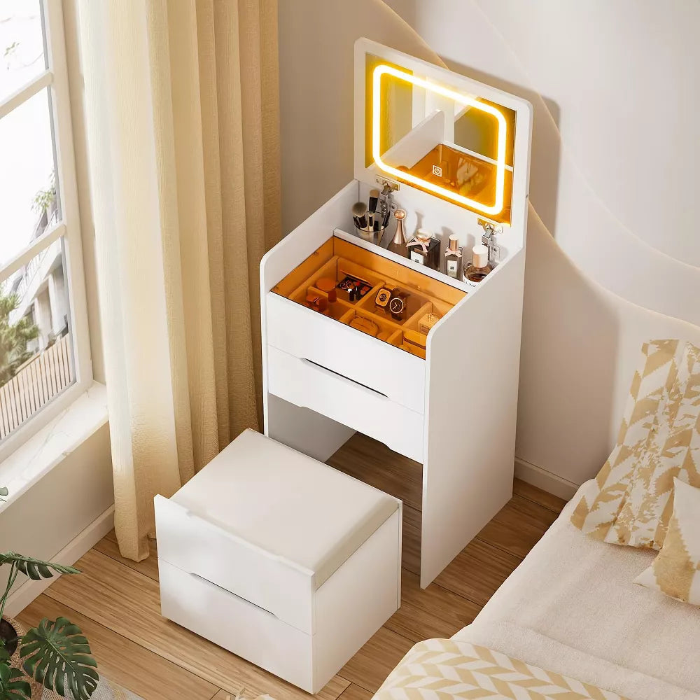PAKASEPT 3 in 1 Vanity Desk with Plip Top LED Mirror, Make Up Vanity Set with Glass Desktop, 3 Drawers, Cushioned Tool