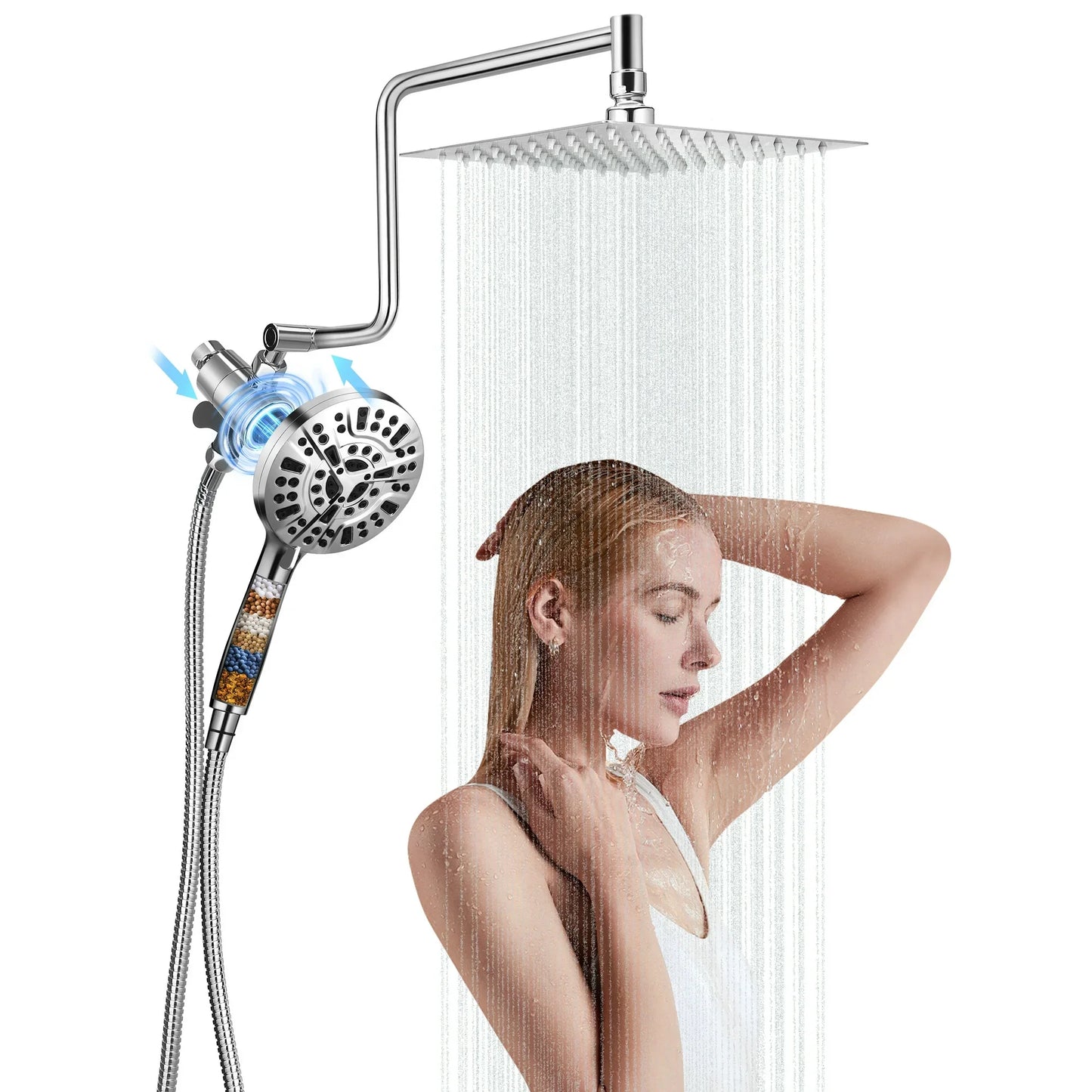 Doulami 8 Rain Shower Head Combo with Handheld, Dual Shower Head with Filter 10 Setting Handheld Showerhead with Adjustable Extension Arm