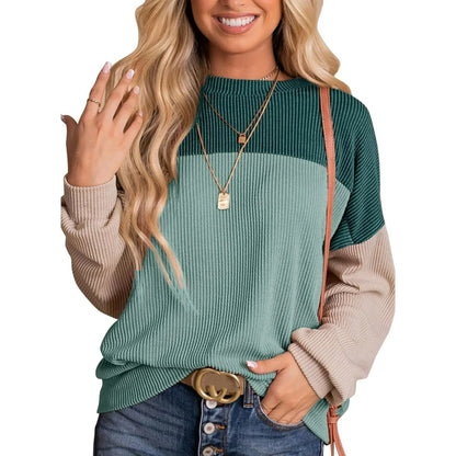 LinenMarket Womens Fashion 2024 Color Block Tunic Tops Long Sleeve Crewneck Knitted Casual Loose Pullover Shirts