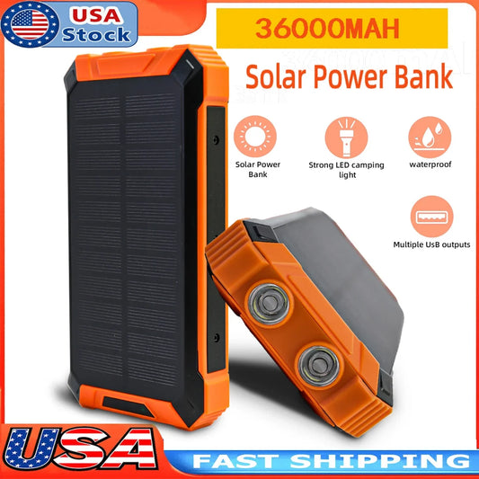 Baokaler 36000mAh Solar Power Bank Battery Pack Qi Wireless, Portable Wireless Charger with 4 Cables