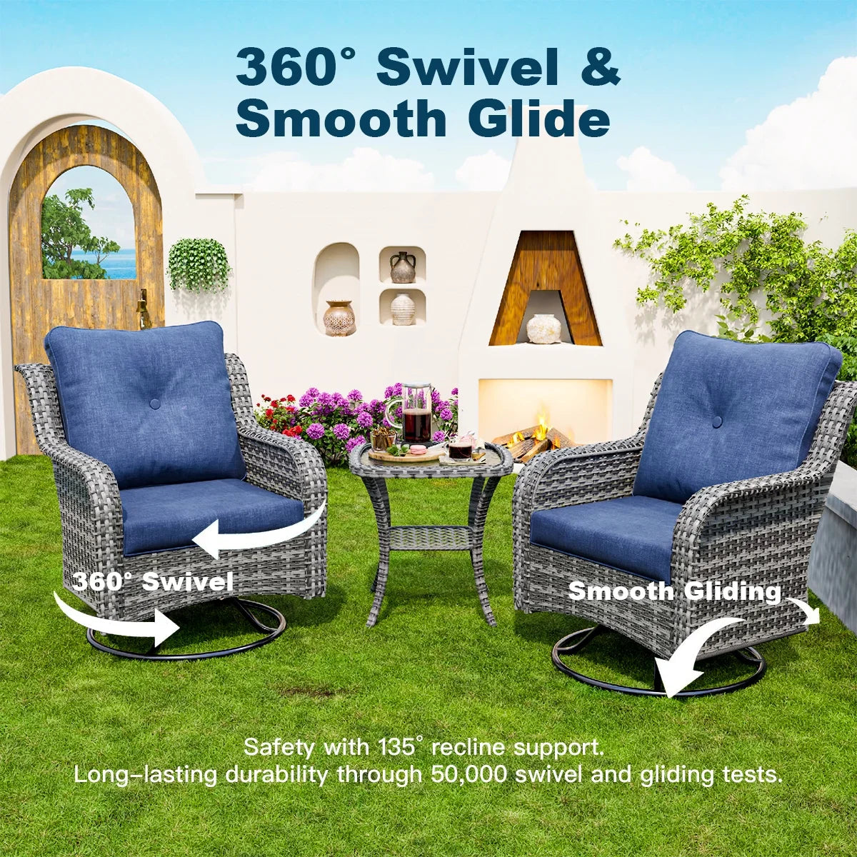 ECOPATIO 3 Pieces Patio Furniture Set, Outdoor Swivel Gliders Rocker, Wicker Patio Bistro Set w Rattan Rocking Chair, Glass Top Side Table Thickened Cushions for Porch Deck Backyard (Navy)