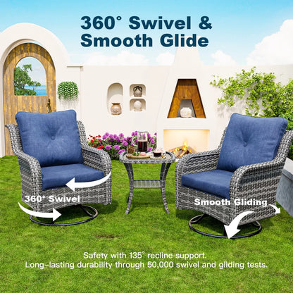 ECOPATIO 3 Pieces Patio Furniture Set, Outdoor Swivel Gliders Rocker, Wicker Patio Bistro Set w Rattan Rocking Chair, Glass Top Side Table Thickened Cushions for Porch Deck Backyard (Navy)
