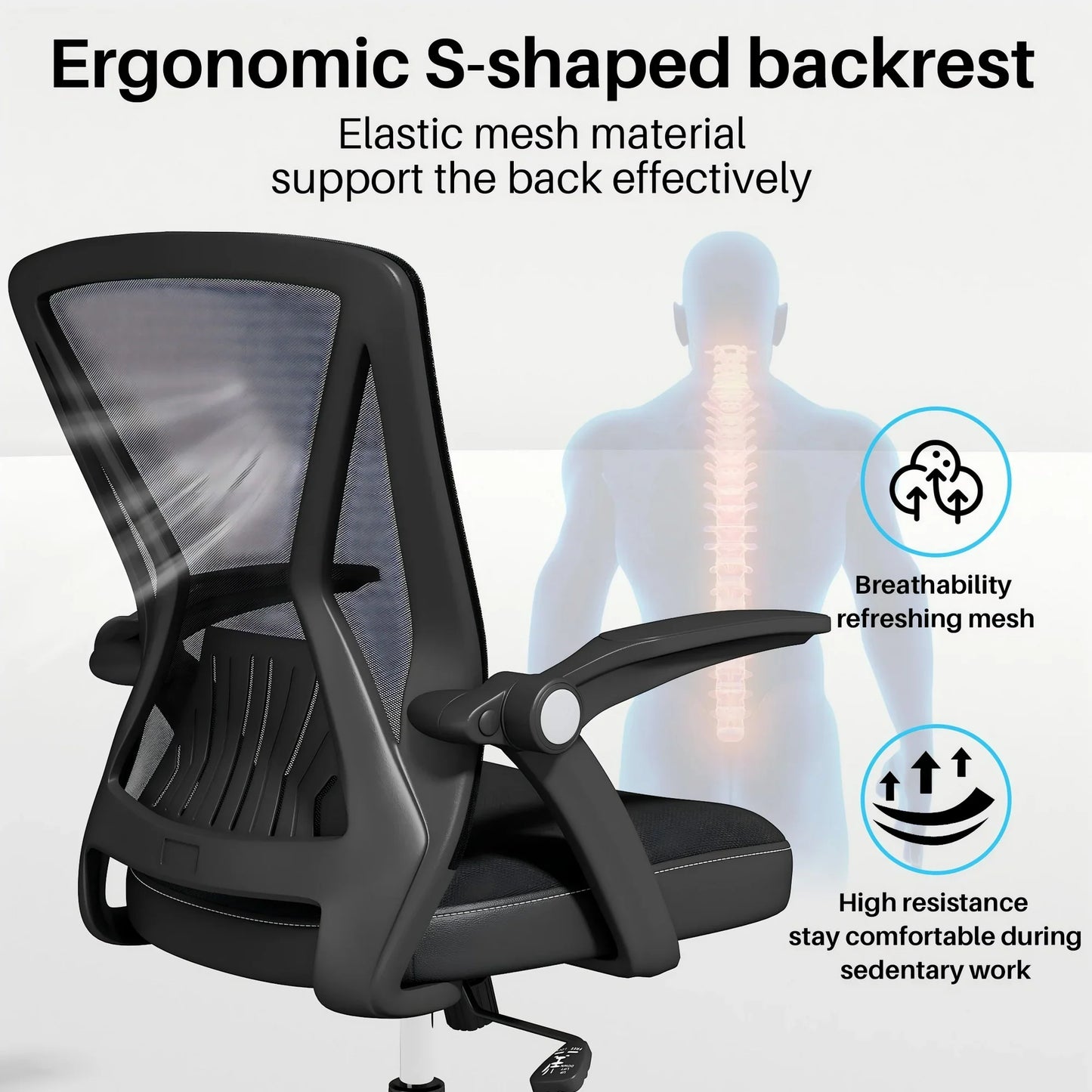 HomeZeer Mid Back Office Desk Chair, Swivel Computer Desk Chair with Lumbar Support, Mesh Home Office Chair with Flip Up Armrest, Black