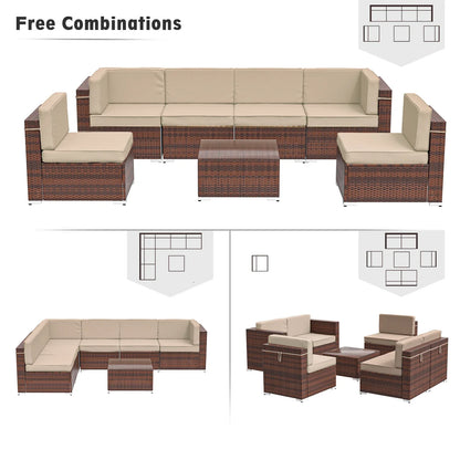 ECOPATIO 7 Pieces Patio Conversation Set, Outdoor Sectional PE Rattan Wicker Furniture Seat,Beige