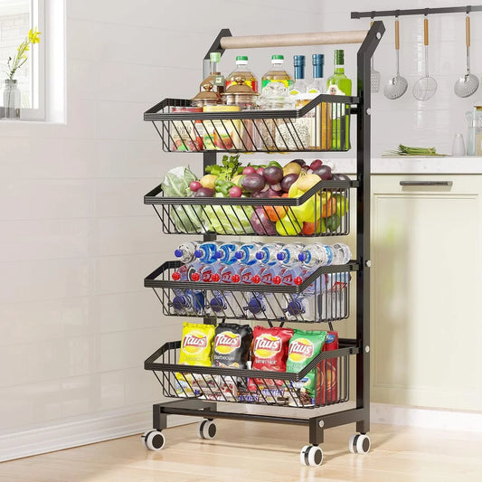 Kitchen Storage Cart with Wheels, 4-Tier Detachable Rolling Cart, Kitchen Vegetable and Fruits Utility Shelf Rack