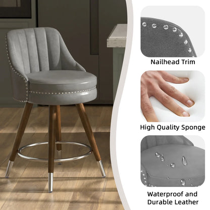 HomeZeer Swivel Bar Stools Set of 2, Counter Height Bar Stools with Back, Leather Swivel Counter Stools with Wood Legs and Footrest, Upholstered Bar Stools Chairs for Kitchen Island, Grey
