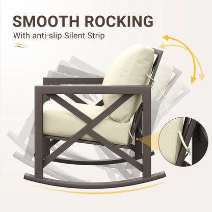 ECOPATIO Rocking Chair Bistro Set,3 Piece Outdoor Patio Furniture Set with 2 Rockers and 1 Metal Coffee Table with Thick Cushions for Porch,Backyard,Poolside,Beige